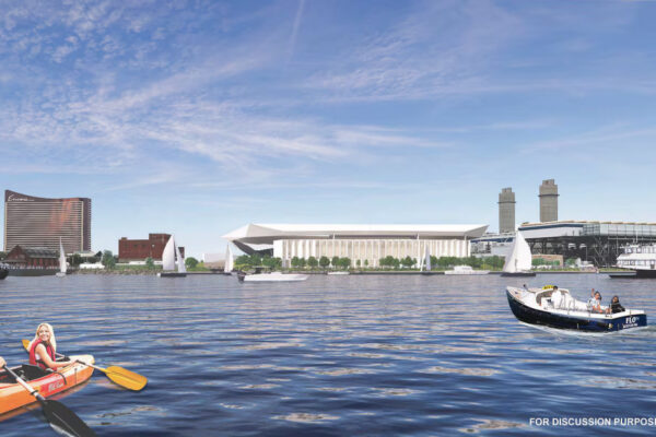 A render of the river with people kayaking and boating with the green waterfront park on the shore and stadium behind it.