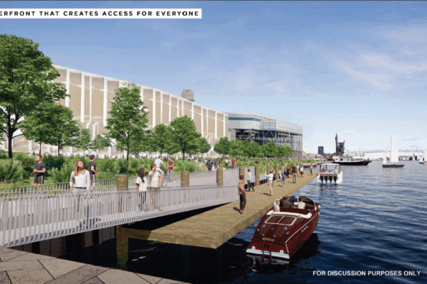 A render of the waterfront park with ample greenspace, trees, and water taxis pulling up to dock.