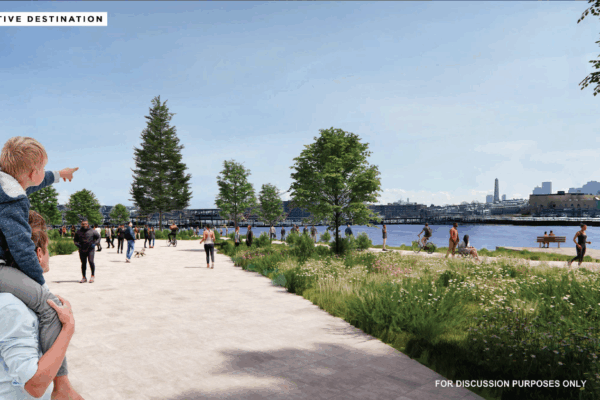 A render of the waterfront park with a pedestrian walkway, trees, and water transport on the river.