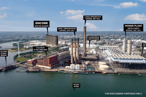 An aerial view showing the proposed site outlined, amidst the Alford St bridge, Encore, power plant.