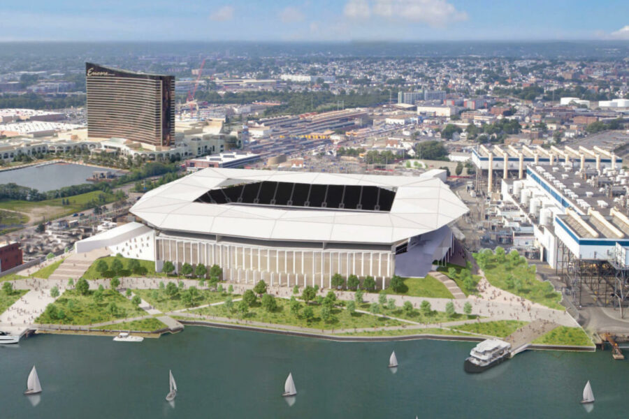 A render of the proposed soccer stadium and waterfront park, with pedestrian paths and a ferry pulling away onto the river.