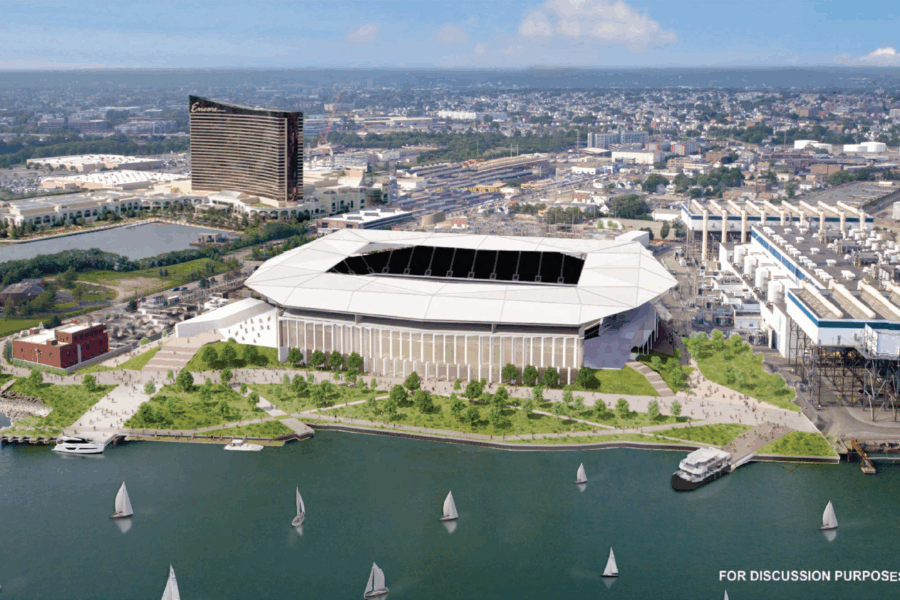 A render of the proposed soccer stadium and waterfront park, with pedestrian paths and a ferry pulling away onto the river.