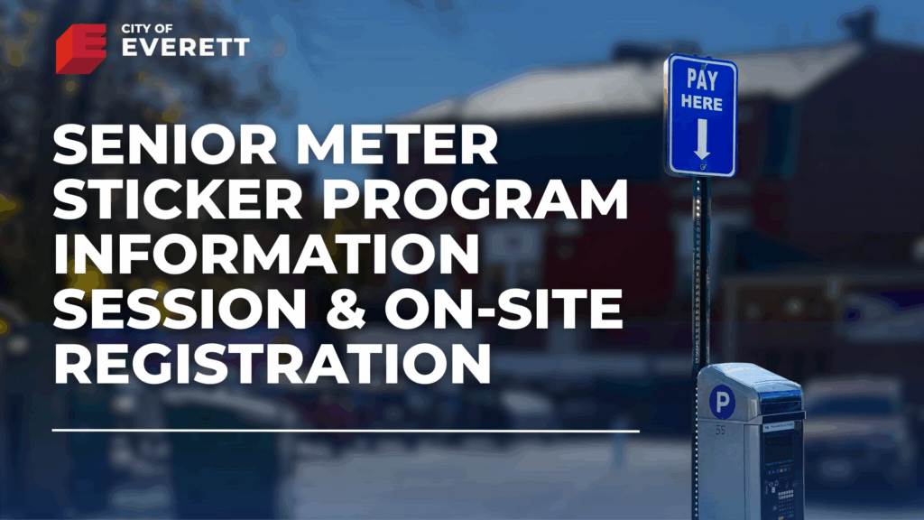 Parking meter with text overlay: "senior meter sticker program info session"
