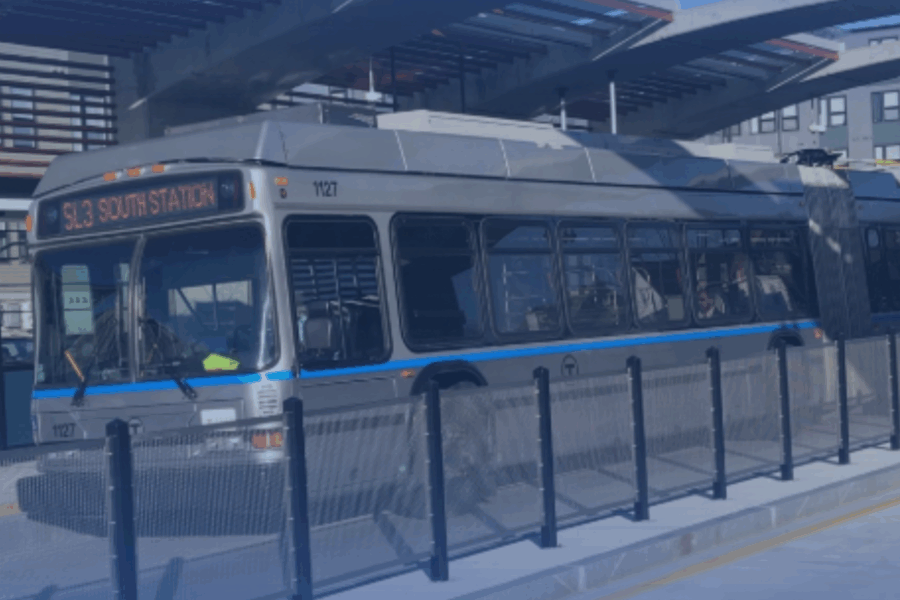 MBTA bus picking up passengers.
