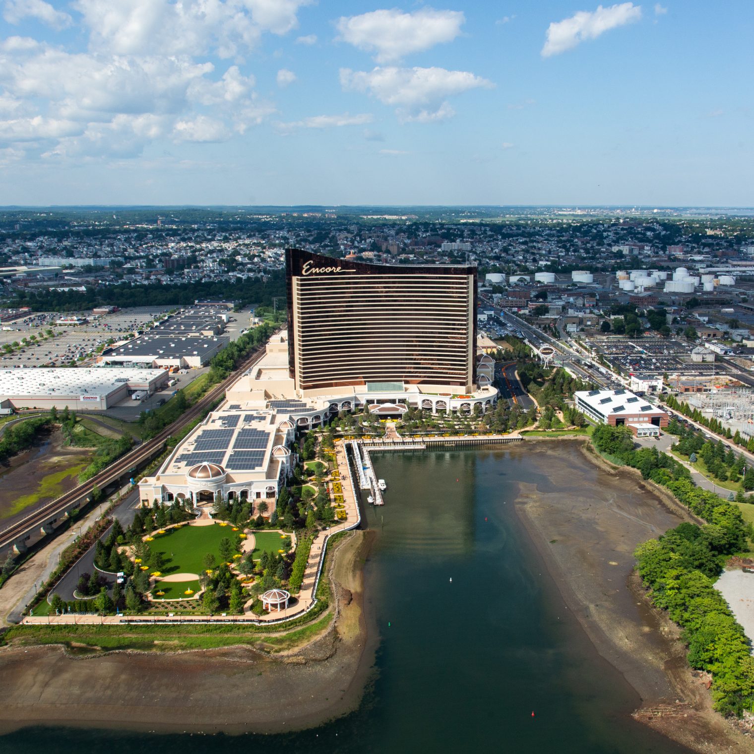 An aerial view of Encore Boston Harbor.