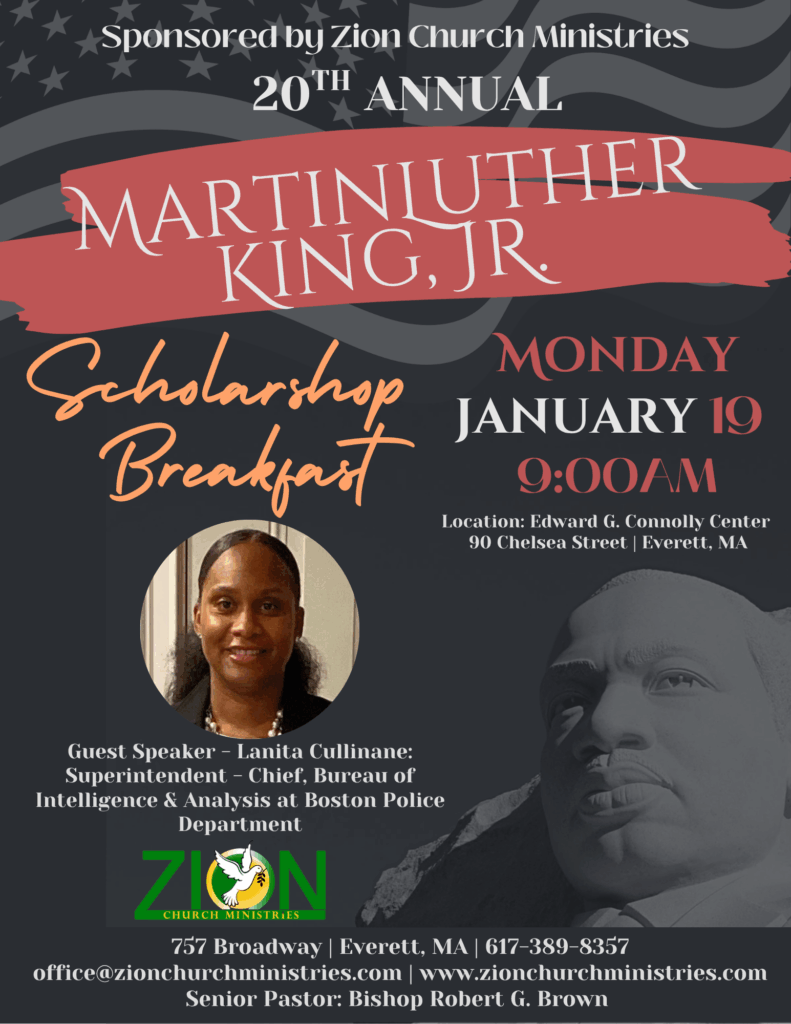 Promotional flyer for the MLK Scholarship Breakfast with event details and a portrait of guest speaker Lanita Cullinane.