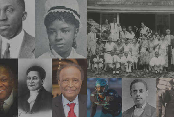 Collage of Everett's notable Black residents, including black-and-white portraits of Black men and women from the late 19th and early 20th centuries, a large group photo of Black community members gathered outside a building, and modern color images of notable Black figures such as an older man in a suit and a football player in uniform.