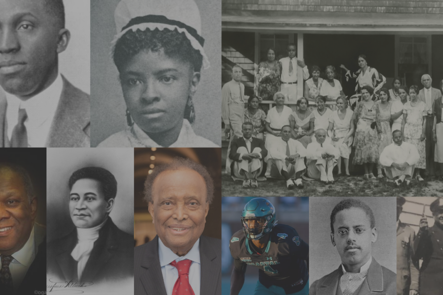 Collage of Everett's notable Black residents, including black-and-white portraits of Black men and women from the late 19th and early 20th centuries, a large group photo of Black community members gathered outside a building, and modern color images of notable Black figures such as an older man in a suit and a football player in uniform.