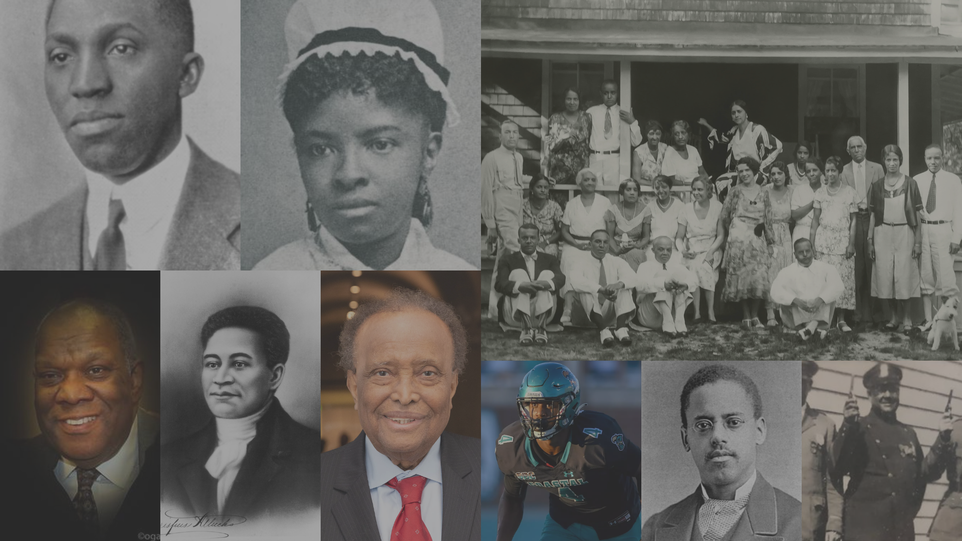 Collage of Everett's notable Black residents, including black-and-white portraits of Black men and women from the late 19th and early 20th centuries, a large group photo of Black community members gathered outside a building, and modern color images of notable Black figures such as an older man in a suit and a football player in uniform.