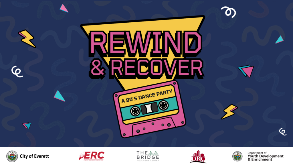 Colorful promotional graphic reading “Rewind & Recover” in bold pink and black lettering over a yellow geometric shape. Below the title is a pink and teal cassette tape labeled “A 90’s Dance Party.” The background is dark blue with abstract squiggles, triangles, and lightning bolt shapes in bright 90s-inspired colors.