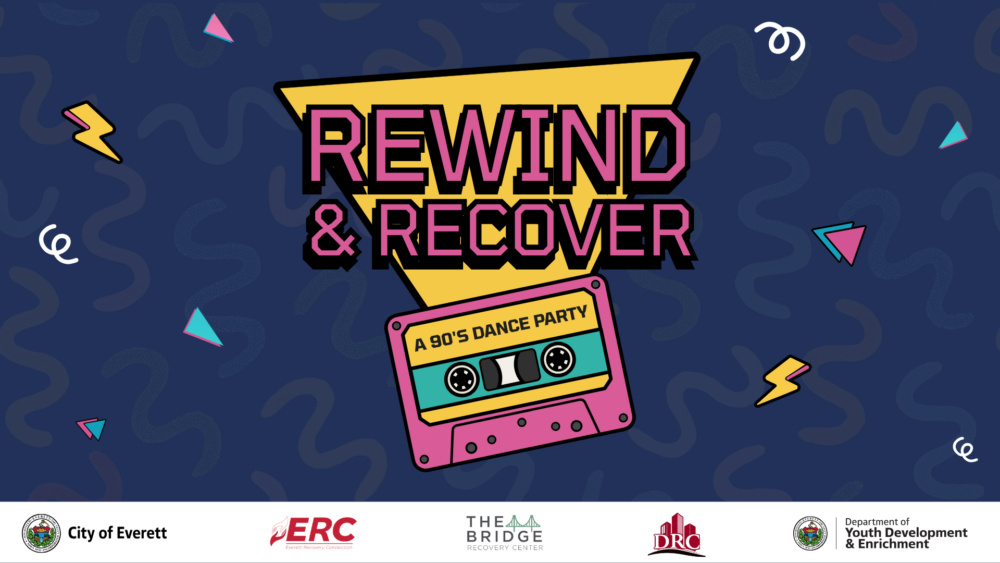 Colorful promotional graphic reading “Rewind & Recover” in bold pink and black lettering over a yellow geometric shape. Below the title is a pink and teal cassette tape labeled “A 90’s Dance Party.” The background is dark blue with abstract squiggles, triangles, and lightning bolt shapes in bright 90s-inspired colors.