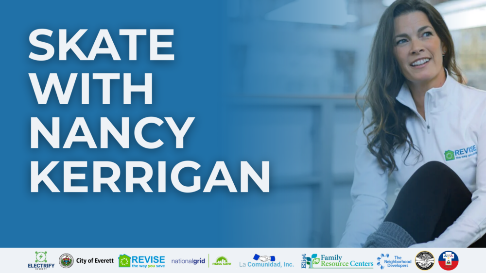 Promotional graphic with a blue background and large white text reading “Skate with Nancy Kerrigan.” On the right, Nancy Kerrigan sits smiling inside an ice rink, wearing a white jacket with a REVISE logo.