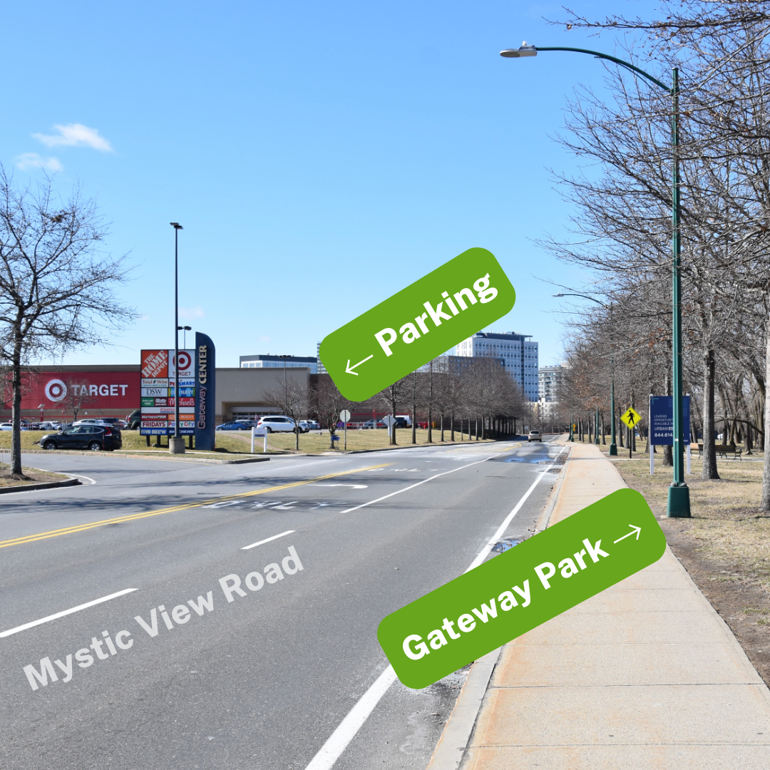 Map from Mystic View Road showing Parking arrow towards Target parking lot and Gateway Park arrow across the street.