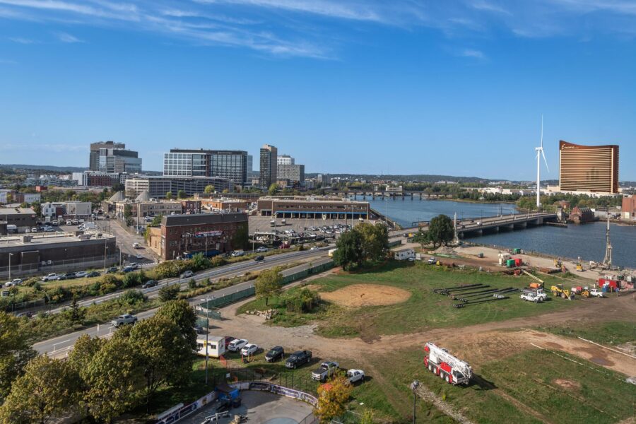 Aerial view of Lower Broadway - Alford Street area.