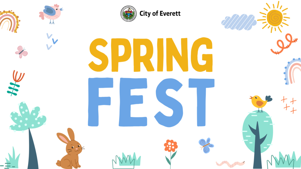 Graphic for the City of Everett’s Spring Fest featuring the City seal, large “Spring Fest” text and colorful illustrations of birds, flowers, trees, a rabbit, butterflies, a rainbow and sun.