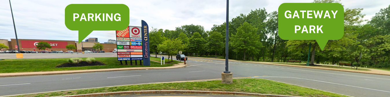 Map from Gateway Center showing Parking arrow towards Target parking lot and Gateway Park arrow across the street.