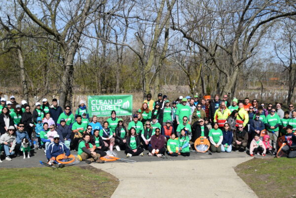 1. Volunteers gather for a group photo at Gateway Park during the City of Everett's 2026 Earth Day Community Clean-Up.