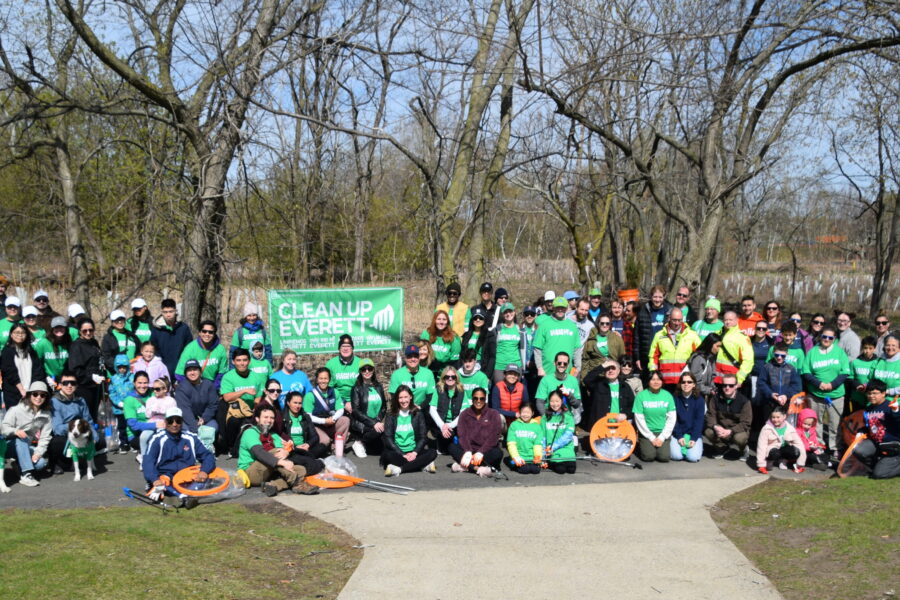 1. Volunteers gather for a group photo at Gateway Park during the City of Everett's 2026 Earth Day Community Clean-Up.