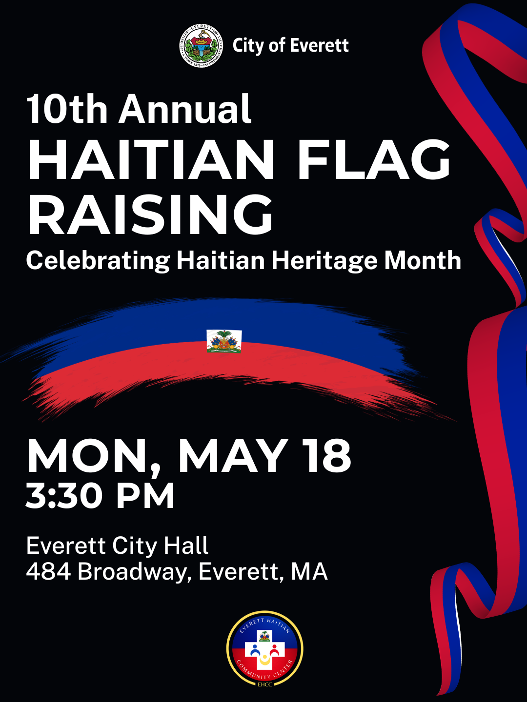 Graphic with Haitian flag and colors advertising the 10th annual flag raising