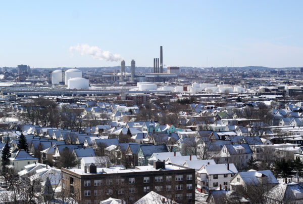 aerial shot of Everett with smokestacks in the background