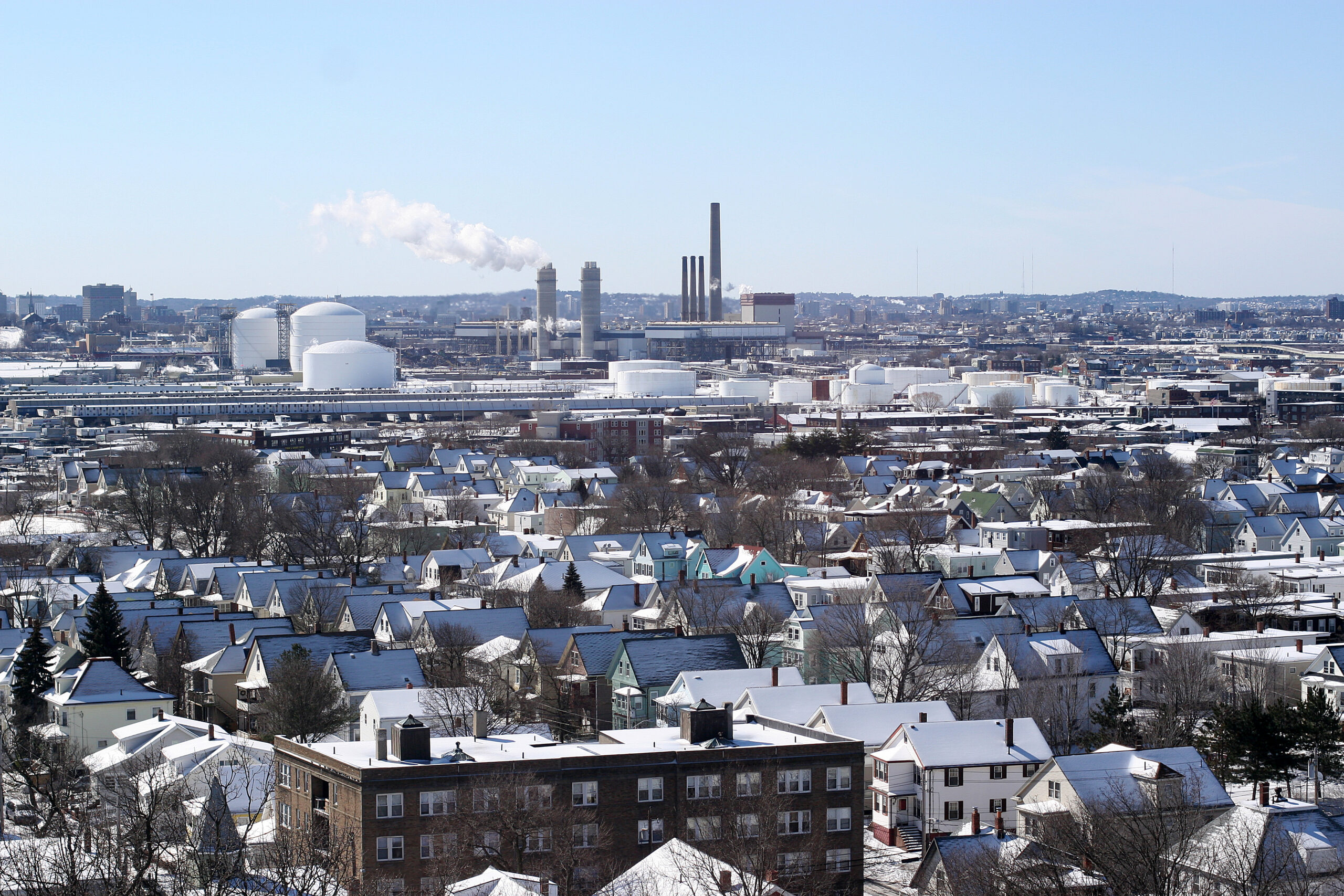 aerial shot of Everett with smokestacks in the background