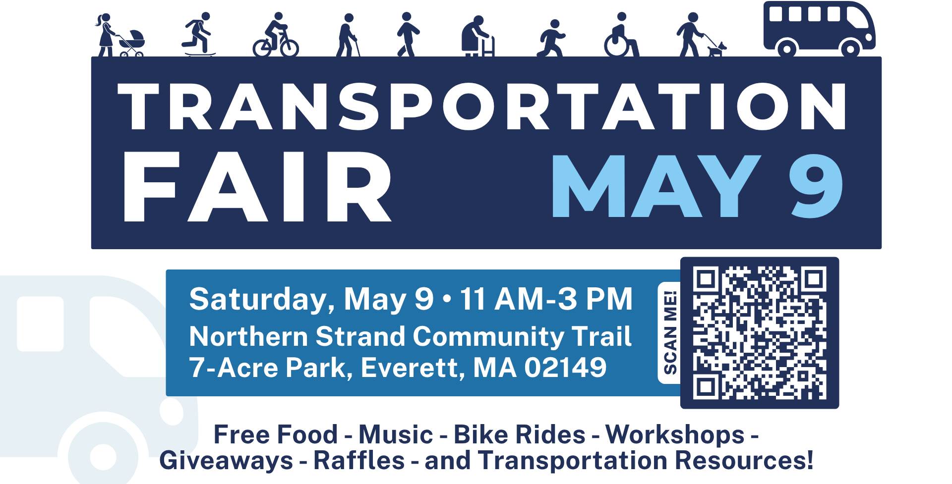 Flyer about the Transportation Fair with a bus icon in background, and people walking, rolling, etc, along the top