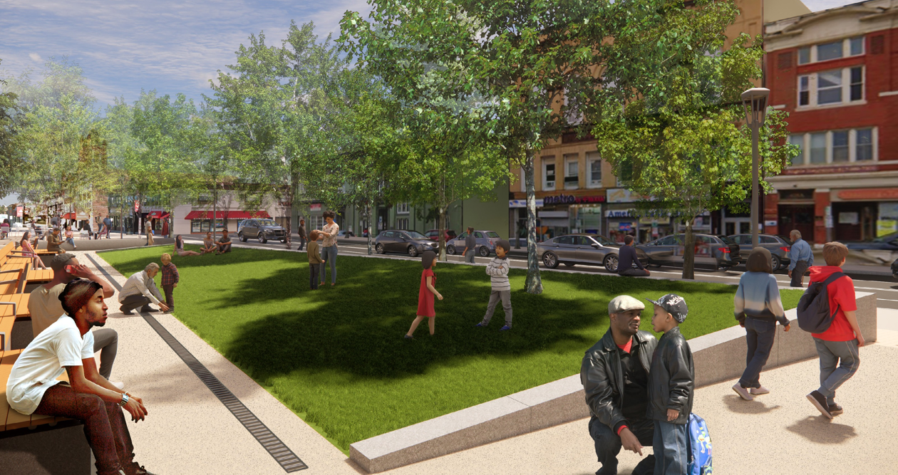 Rendering of Everett Square redesign with a large greenspace in the middle