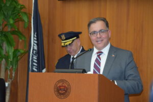 Mayor Robert Van Campen speaking at the podium 