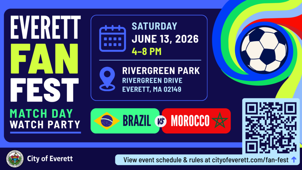 Everett Fan Fest graphic with bright swirls around soccer ball.