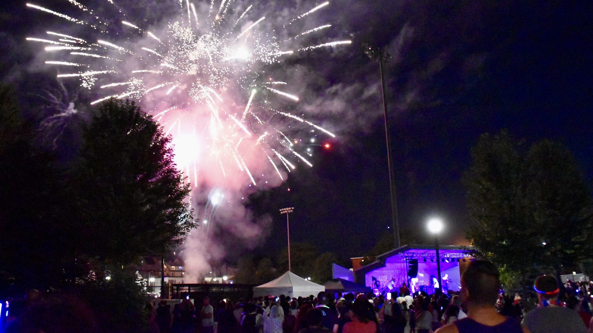 Fireworks explode above Glendale Park with a huge crowd of onlookers.