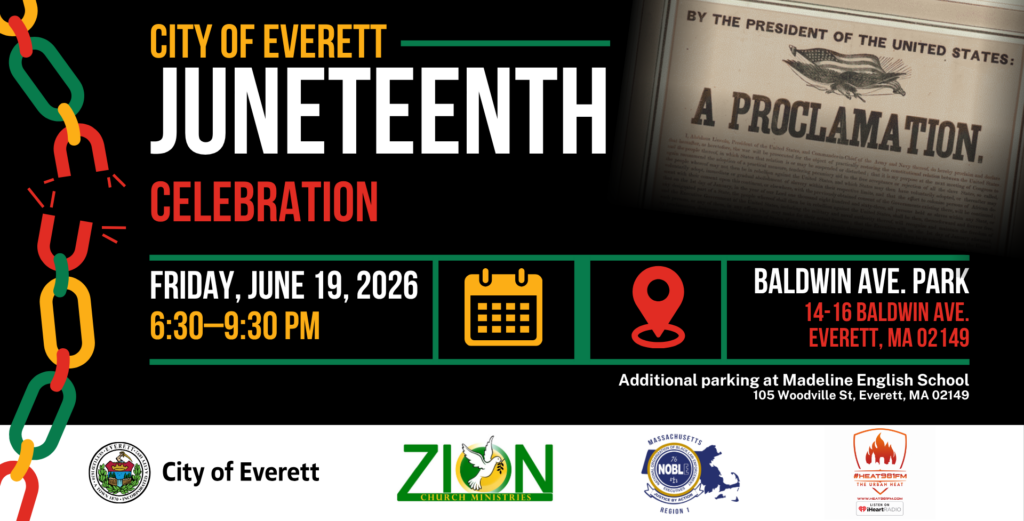 Juneteenth Celebration graphic with broken chains in the color of the pan-African flaag and a faded image of the Emancipation Proclamation.