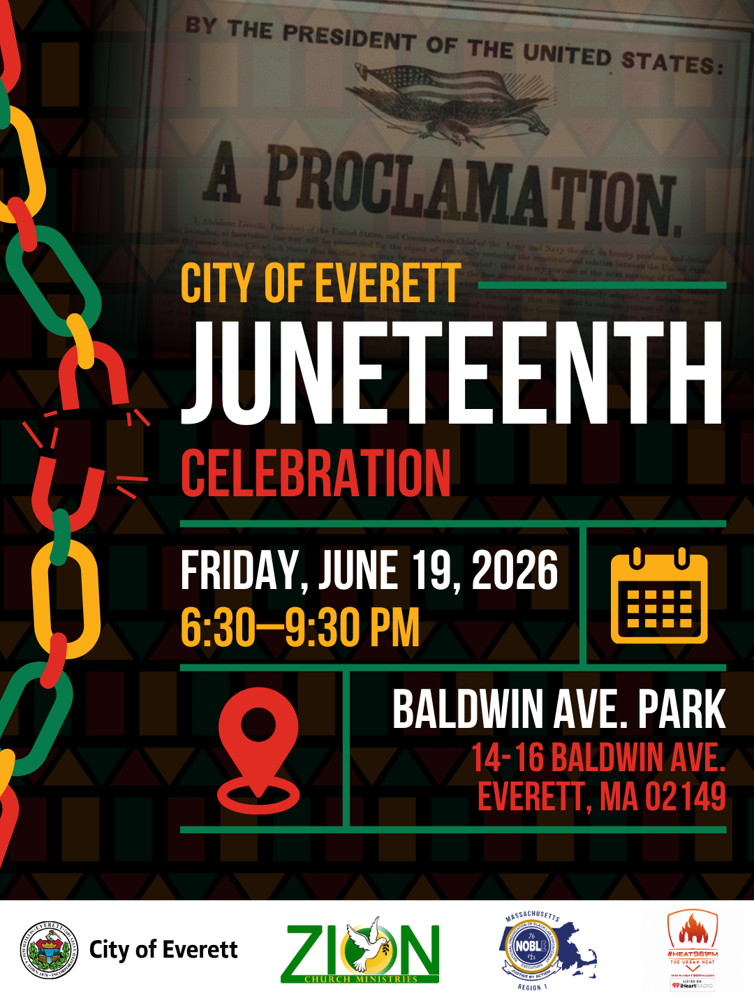 Juneteenth flyer with broken chains and the Emancipation Proclamation framing event details