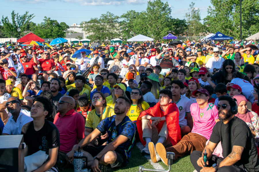 Attendees watch the Brazil vs. Morocco match at Everett Fan Fest.