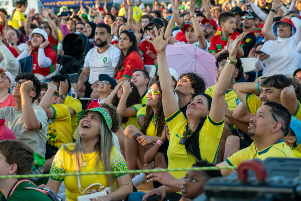 Crowd reacts to an important moment during the Brazil v. Morocco game.