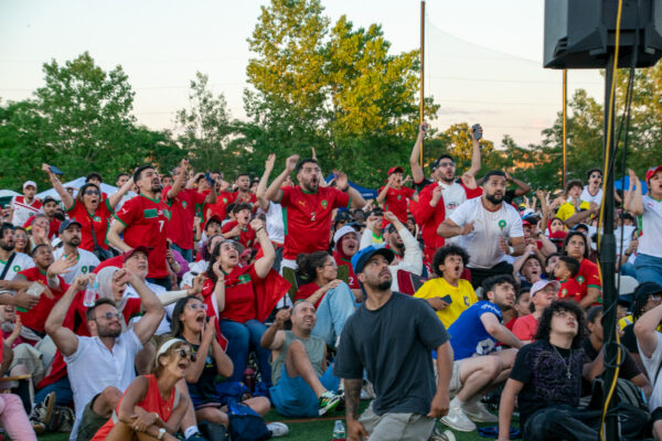 Crowd reacts during a pivotal moment during the watch party.