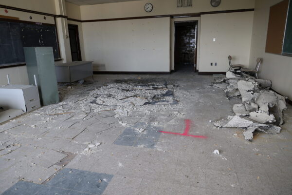 Empty classroom with debris
