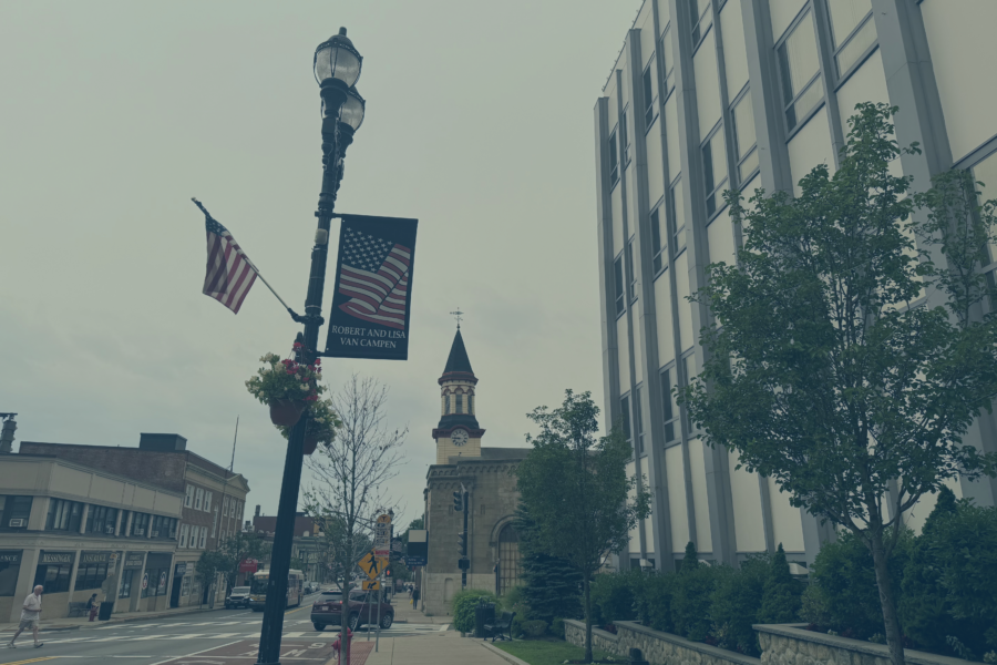 Street view outside city hall showing a light pole with one of the flag banners