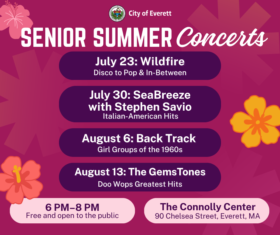 Tropical design of florals and gradient stars advertising the Senior Summer Concerts.