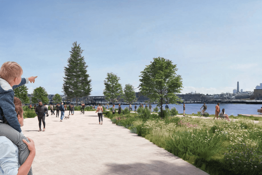 A render of the waterfront park with a pedestrian walkway, trees, and water transport on the river.