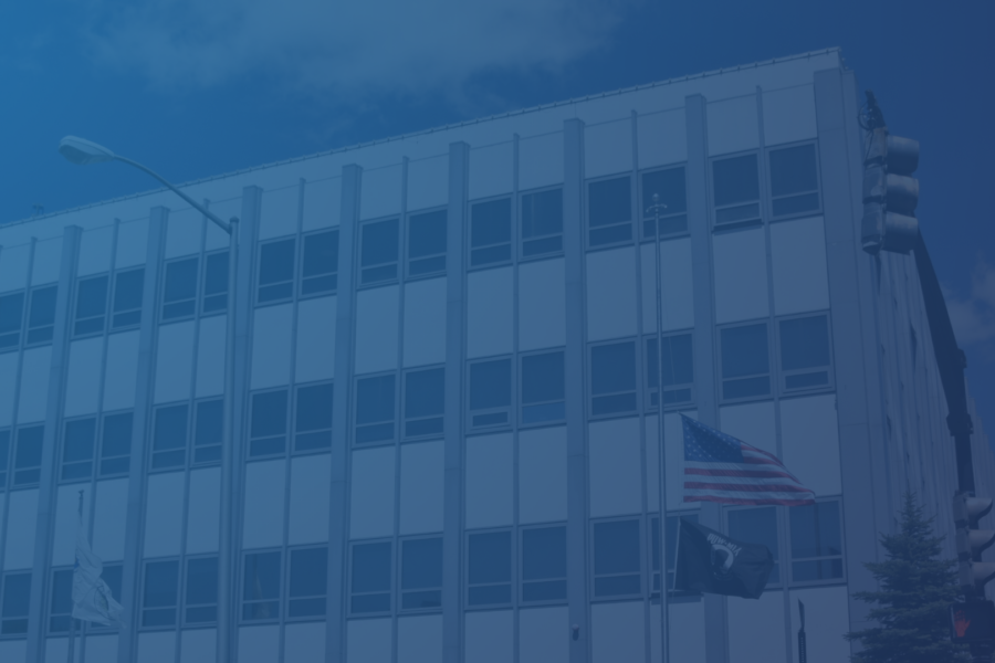 Everett City Hall with a blue gradient overlay.