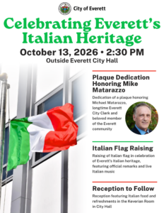 Italian flag flying next to City Hall and a portrait of Mike Matarazzo.